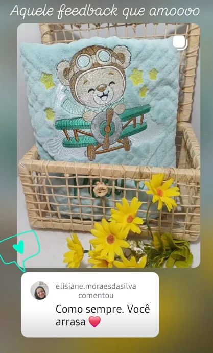 Feedback real no Instagram sobre a toalha do ursinho aviador.