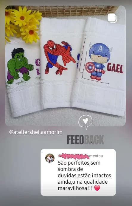 Feedback real no Instagram sobre as toalhas de heróis do Gael.