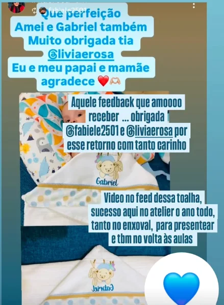 Feedback real no Instagram: agradecimento da família pela toalha do Gabriel.